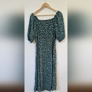 Nobody's Child Green Polka Dot Square Neck Puff Sleeve Midi Dress Size 6 Slit